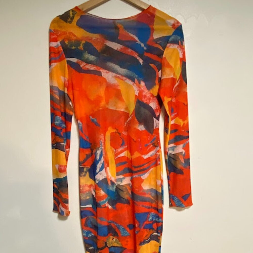 Abstract Print Mesh Long Sleeve Bodycon Midi Dress - Size M - Picture 7 of 9